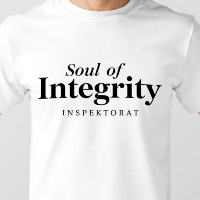 A white t-shirt design featuring the bold and elegant text 'Soul of Integrity INSPEKTORAT' prominently displayed