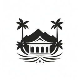 A stylish black and white sketch of a luxury resort, integrated seamlessly into an iconic logo. The icon captures the essence of the resort's grand architecture, tropical setting, and tranquil ambience, exuding a sense of elite leisure and relaxation.