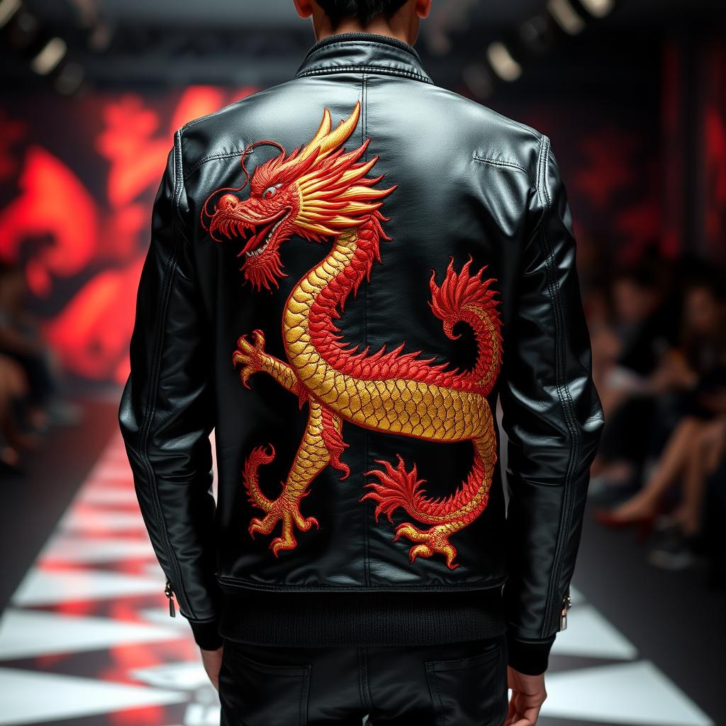 A cutting-edge clothing design featuring a majestic dragon elegantly embroidered on the back of a stylish jacket