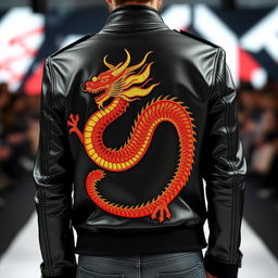 A cutting-edge clothing design featuring a majestic dragon elegantly embroidered on the back of a stylish jacket