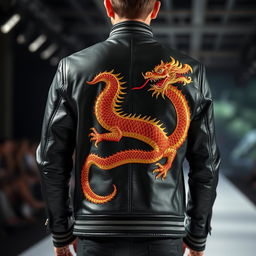 A cutting-edge clothing design featuring a majestic dragon elegantly embroidered on the back of a stylish jacket