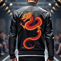 A cutting-edge clothing design featuring a majestic dragon elegantly embroidered on the back of a stylish jacket