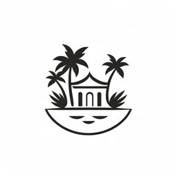 A stylish black and white sketch of a luxury resort, integrated seamlessly into an iconic logo. The icon captures the essence of the resort's grand architecture, tropical setting, and tranquil ambience, exuding a sense of elite leisure and relaxation.