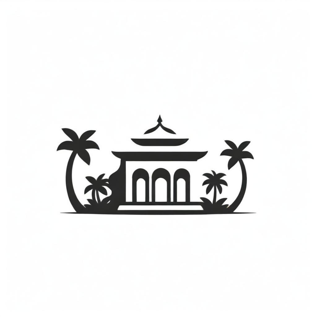 A stylish black and white sketch of a luxury resort, integrated seamlessly into an iconic logo. The icon captures the essence of the resort's grand architecture, tropical setting, and tranquil ambience, exuding a sense of elite leisure and relaxation.