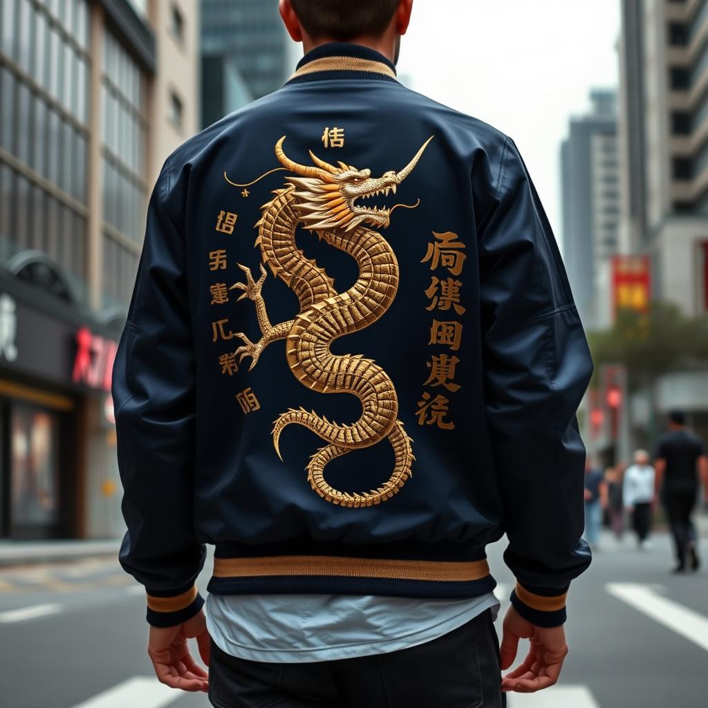 A bold clothing design featuring a detailed samurai dragon on the back of a modern bomber jacket