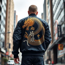 A bold clothing design featuring a detailed samurai dragon on the back of a modern bomber jacket