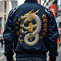 A bold clothing design featuring a detailed samurai dragon on the back of a modern bomber jacket