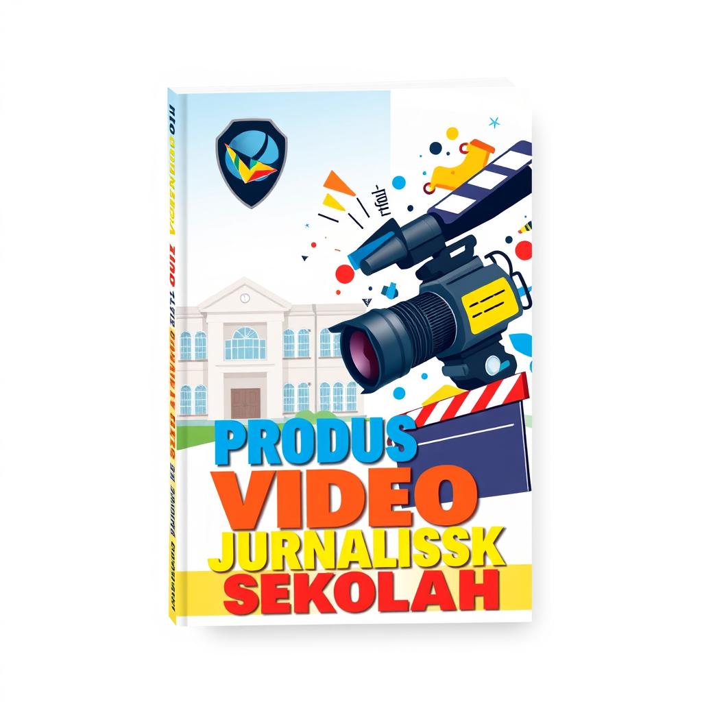 A captivating and educational book cover for a book titled "Produksi Video Jurnalistik Sekolah" (School Journalism Video Production)