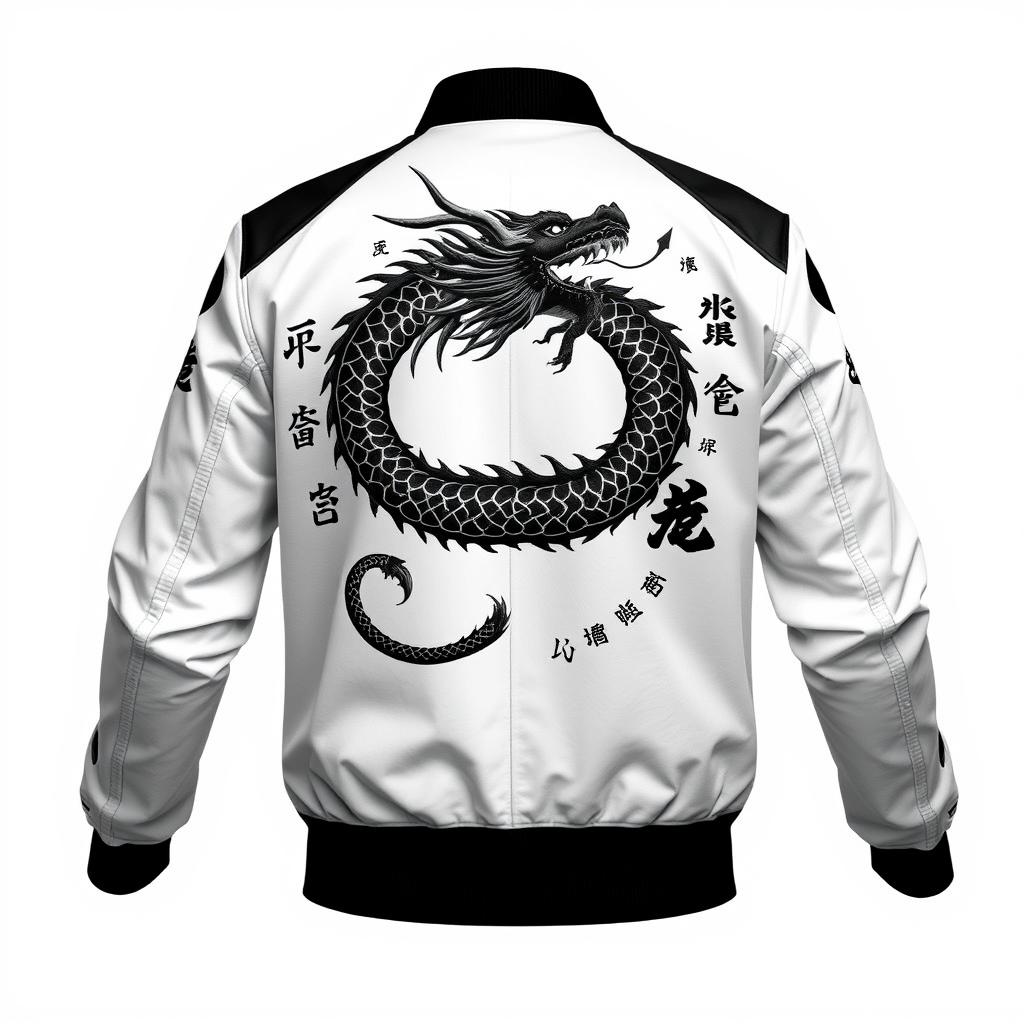 A sophisticated clothing design featuring a dynamic black samurai dragon intricately embroidered on the back of a sleek white bomber jacket