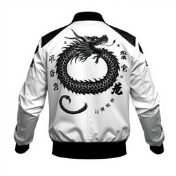 A sophisticated clothing design featuring a dynamic black samurai dragon intricately embroidered on the back of a sleek white bomber jacket