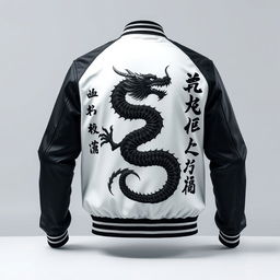 A sophisticated clothing design featuring a dynamic black samurai dragon intricately embroidered on the back of a sleek white bomber jacket