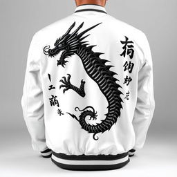 A sophisticated clothing design featuring a dynamic black samurai dragon intricately embroidered on the back of a sleek white bomber jacket