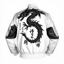 A sophisticated clothing design featuring a dynamic black samurai dragon intricately embroidered on the back of a sleek white bomber jacket