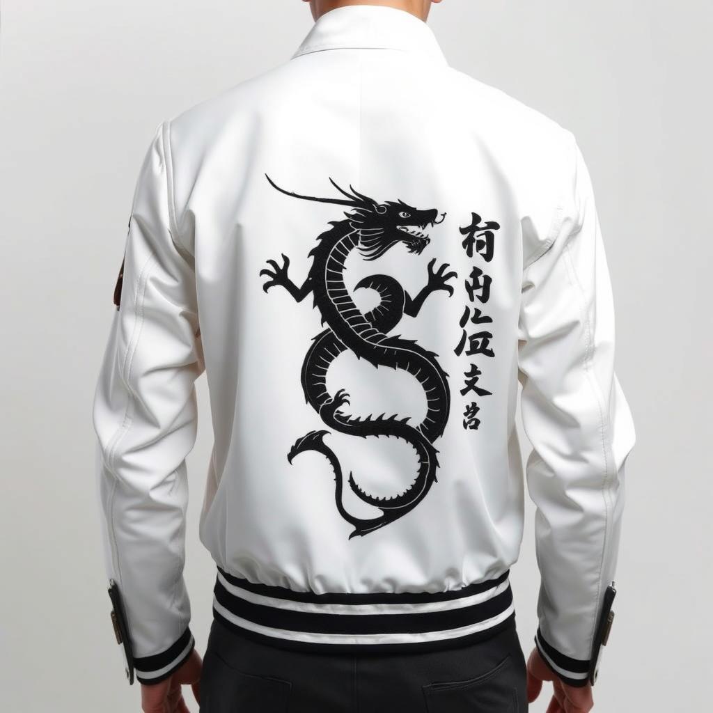 A sleek clothing design featuring a striking black samurai dragon embroidery on the back of a pristine white jacket