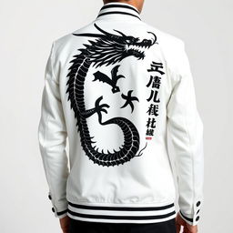 A sleek clothing design featuring a striking black samurai dragon embroidery on the back of a pristine white jacket