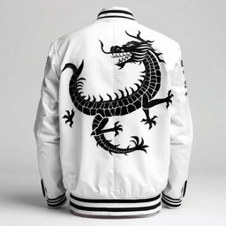 A sleek clothing design featuring a striking black samurai dragon embroidery on the back of a pristine white jacket