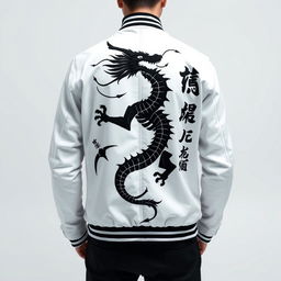 A sleek clothing design featuring a striking black samurai dragon embroidery on the back of a pristine white jacket