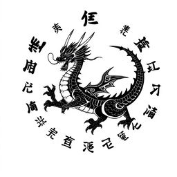 A graphic layout for a clothing design featuring a striking black samurai dragon centrally positioned on a clean white background