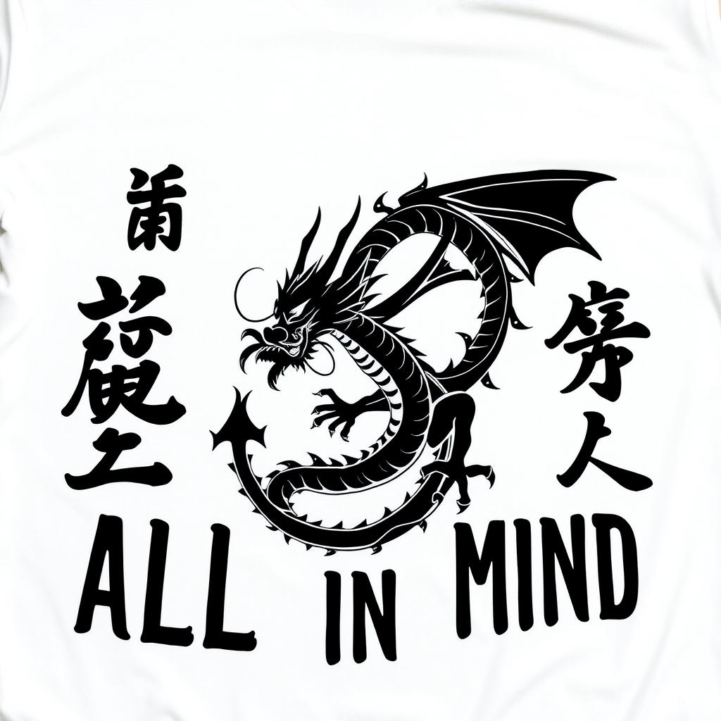 A conceptual clothing design graphic featuring a bold black samurai dragon at the center, surrounded by Japanese kanji letters that spell "ALL IN MIND