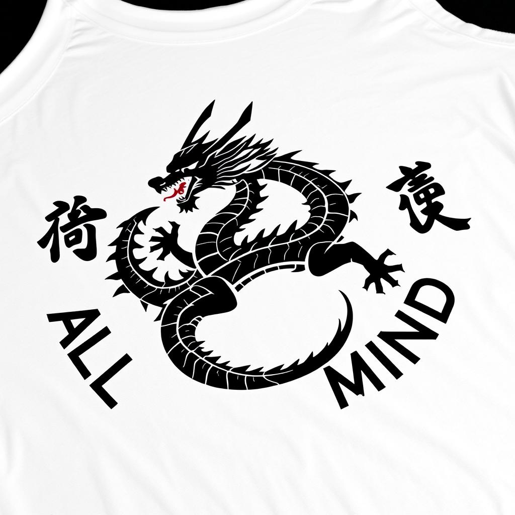 A conceptual clothing design graphic featuring a bold black samurai dragon at the center, surrounded by Japanese kanji letters that spell "ALL IN MIND