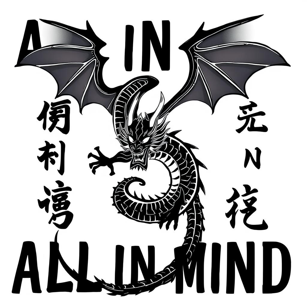 A conceptual clothing design graphic featuring a powerful black samurai dragon, centrally depicted, surrounded by Japanese kanji characters that spell "ALL IN MIND