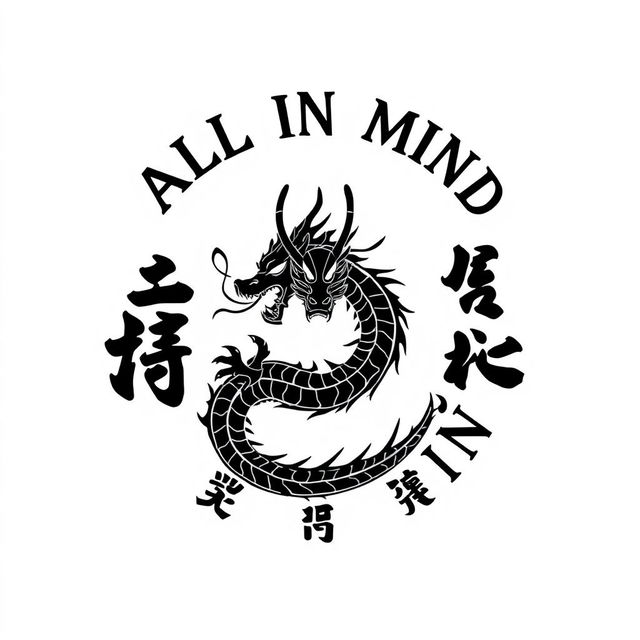 A conceptual clothing design graphic featuring a powerful black samurai dragon, centrally depicted, surrounded by Japanese kanji characters that spell "ALL IN MIND