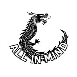 A conceptual clothing design graphic featuring a powerful black samurai dragon, centrally depicted, surrounded by Japanese kanji characters that spell "ALL IN MIND