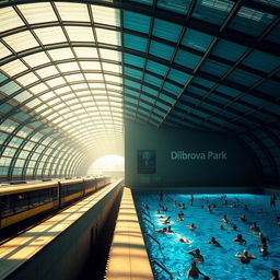 A grand and spacious underground metro station featuring a long train with several cars on the platform