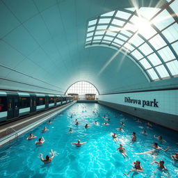 A grand and spacious underground metro station featuring a long train with several cars on the platform