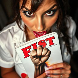 An extreme close-up of a gorgeous brunette wearing a white punk style shirt with the words "Cherry Bomb"