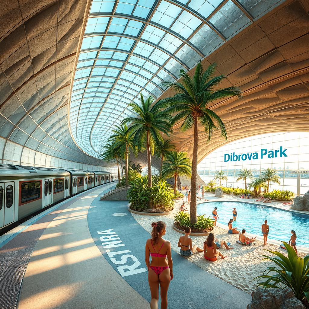 A vast and impressive underground metro station with a train featuring several cars on the platform