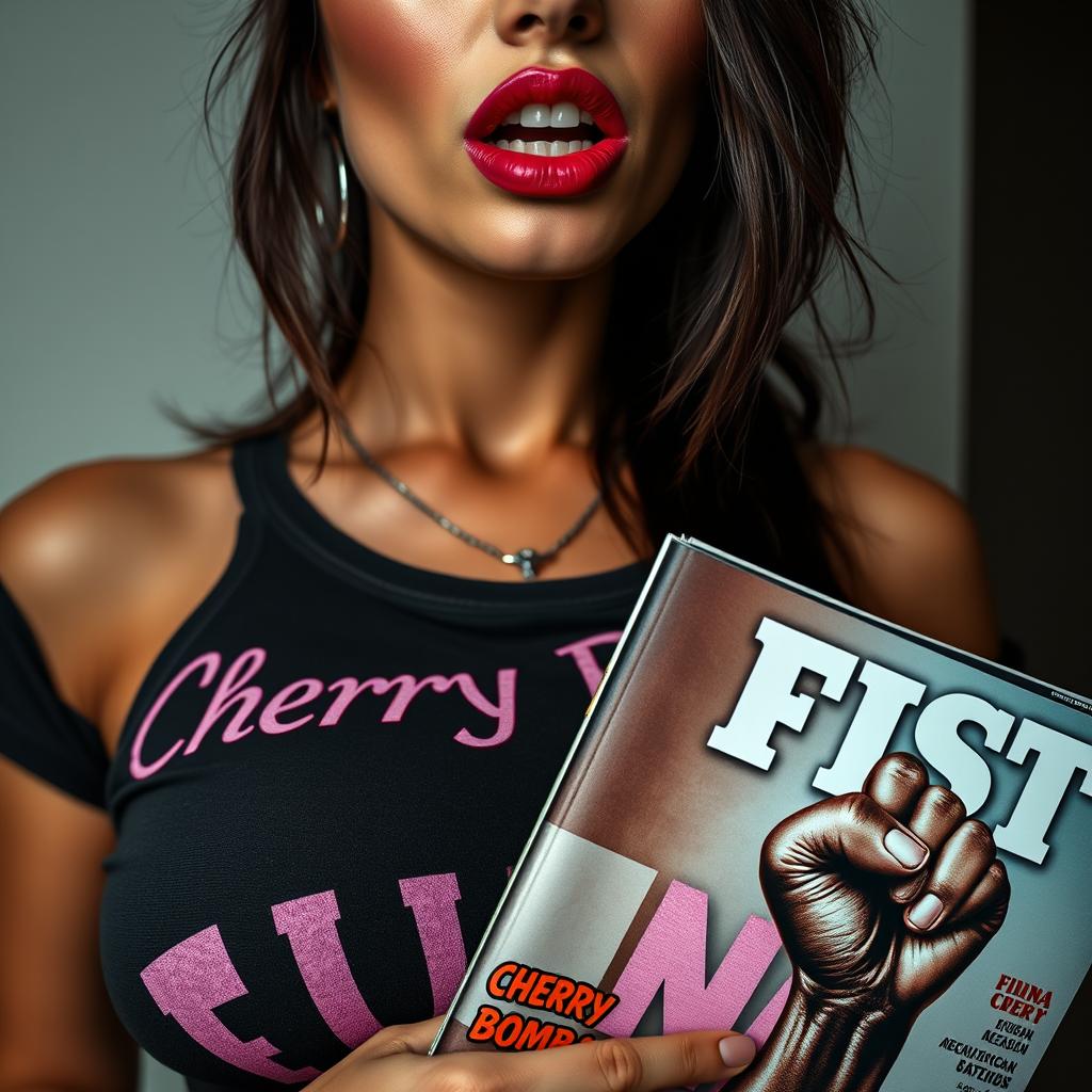 An extreme close-up of a gorgeous brunette wearing a punk shirt with the text 'Cherry Bomb'