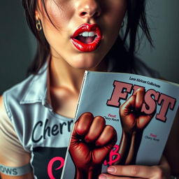 An extreme close-up of a gorgeous brunette wearing a punk shirt with the text 'Cherry Bomb'