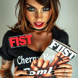 An extreme close-up of a gorgeous brunette wearing a punk shirt with the text 'Cherry Bomb'