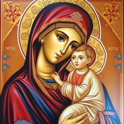 A beautifully crafted, traditional Orthodox Christian icon depicting a serene and gentle expression of the Virgin Mary holding the infant Jesus