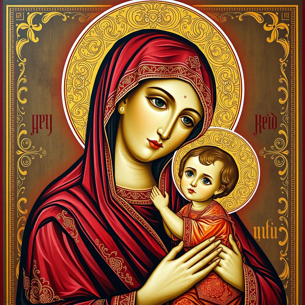 A beautifully crafted, traditional Orthodox Christian icon depicting a serene and gentle expression of the Virgin Mary holding the infant Jesus