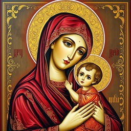 A beautifully crafted, traditional Orthodox Christian icon depicting a serene and gentle expression of the Virgin Mary holding the infant Jesus