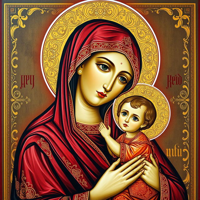 A beautifully crafted, traditional Orthodox Christian icon depicting a serene and gentle expression of the Virgin Mary holding the infant Jesus