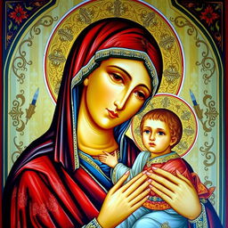 A beautifully crafted, traditional Orthodox Christian icon depicting a serene and gentle expression of the Virgin Mary holding the infant Jesus