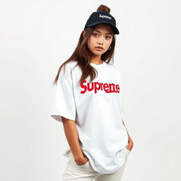 A young woman in simple streetwear inspired by Supreme, looking attractive like a professional model against a pure white background