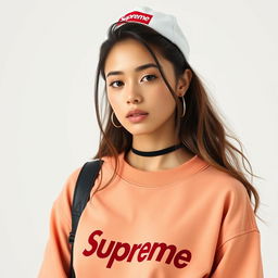 A young woman in simple streetwear inspired by Supreme, looking attractive like a professional model against a pure white background