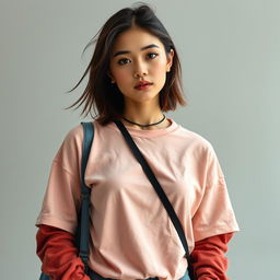 A young woman in simple streetwear, looking attractive like a professional model