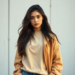 A young woman in simple streetwear, looking attractive like a professional model