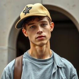 A young man in simple streetwear, looking attractive like a professional model