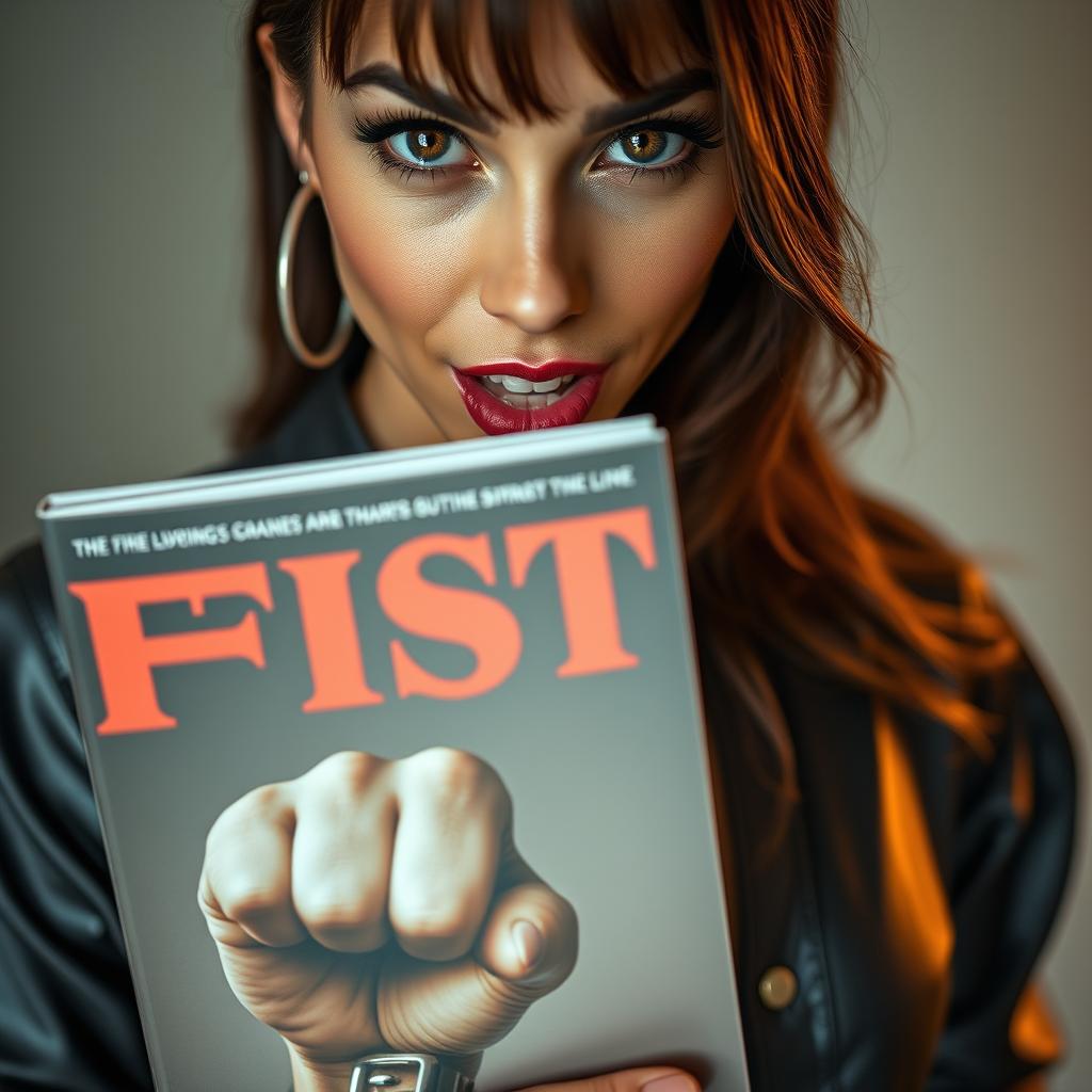 extreme close-up of a gorgeous brunette with captivating eyes, wearing a stylish metal band shirt that highlights her large chest and revealing cleavage