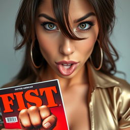 extreme close-up of a gorgeous brunette with captivating eyes, wearing a stylish metal band shirt that highlights her large chest and revealing cleavage