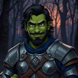 A friendly green male half-orc with black wavy medium-length hair and a nicely trimmed short beard