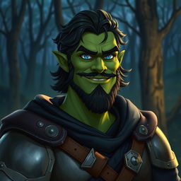 A friendly green male half-orc with black wavy medium-length hair and a nicely trimmed short beard