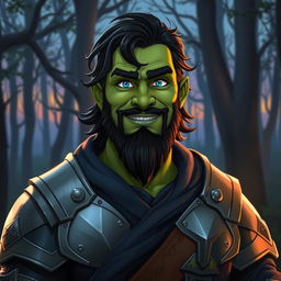 A friendly green male half-orc with black wavy medium-length hair and a nicely trimmed short beard