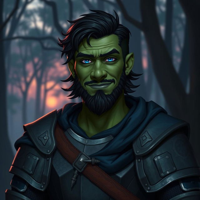 A friendly green male half-orc with black wavy medium-length hair and a nicely trimmed short beard